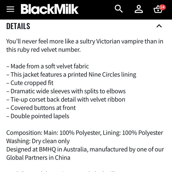 Blackmilk “SOME VELVET MORNING CROPPED JACKET - LIMITED” Size 8 US/12 AUST NWT - Picture 9 of 16